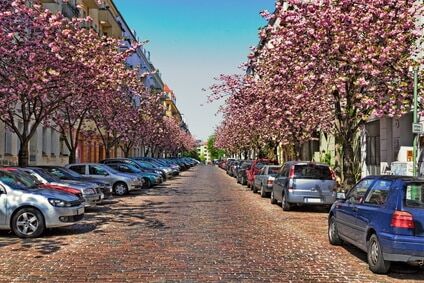 Street view of apartment buildings in Prenzlauer Berg, Berlin, Germany