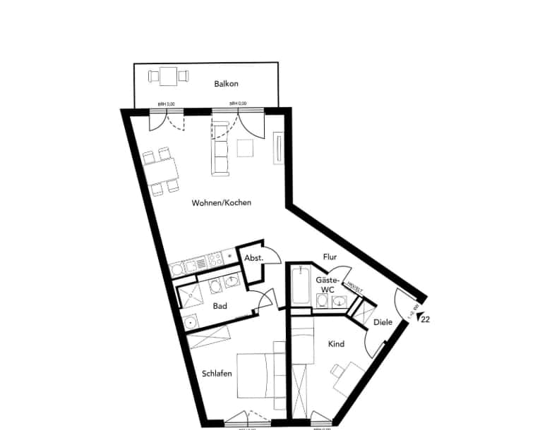 Strategic location: 2 bedroom apartment with balcony for sale - floor plan