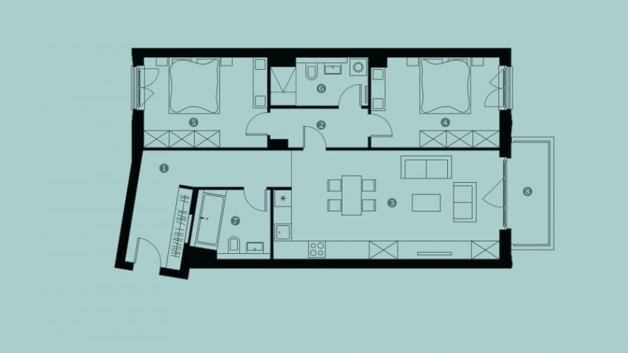 Light flooded 3-room apartment with spacious terrace near Boxhagener Platz - floor plan