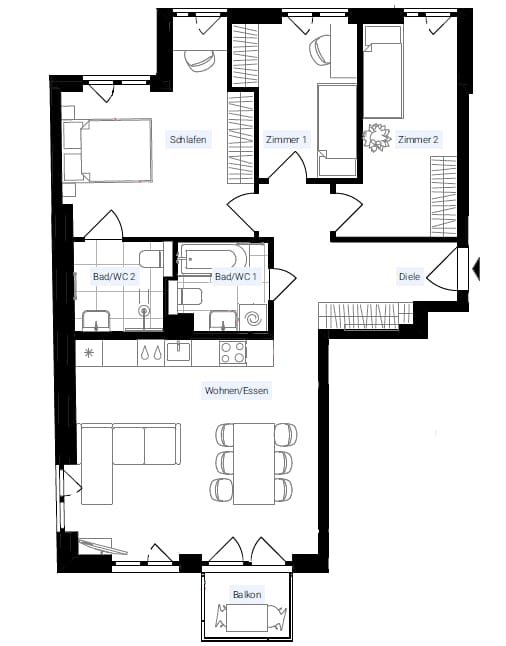 Family living on the waterfront: Spacious new 4-room apartment with balcony - floor plan